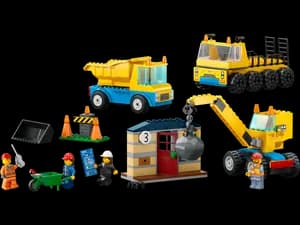 Construction Trucks and Wrecking Ball Crane
