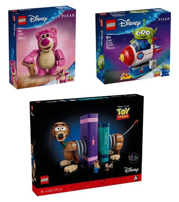 Featured image for article: Three New Toy Story Sets Land in May: Slinky Dog Bookends, Pizza Planet Alien, and Lotso